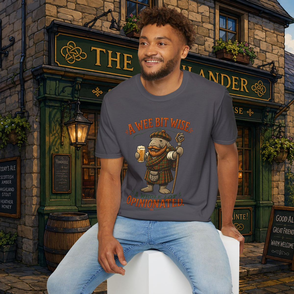 A Wee Bit Wise A Whole Lot Opinionated Shirt | Funny Scottish Manatee Tee | Highland Humor Graphic T-Shirt