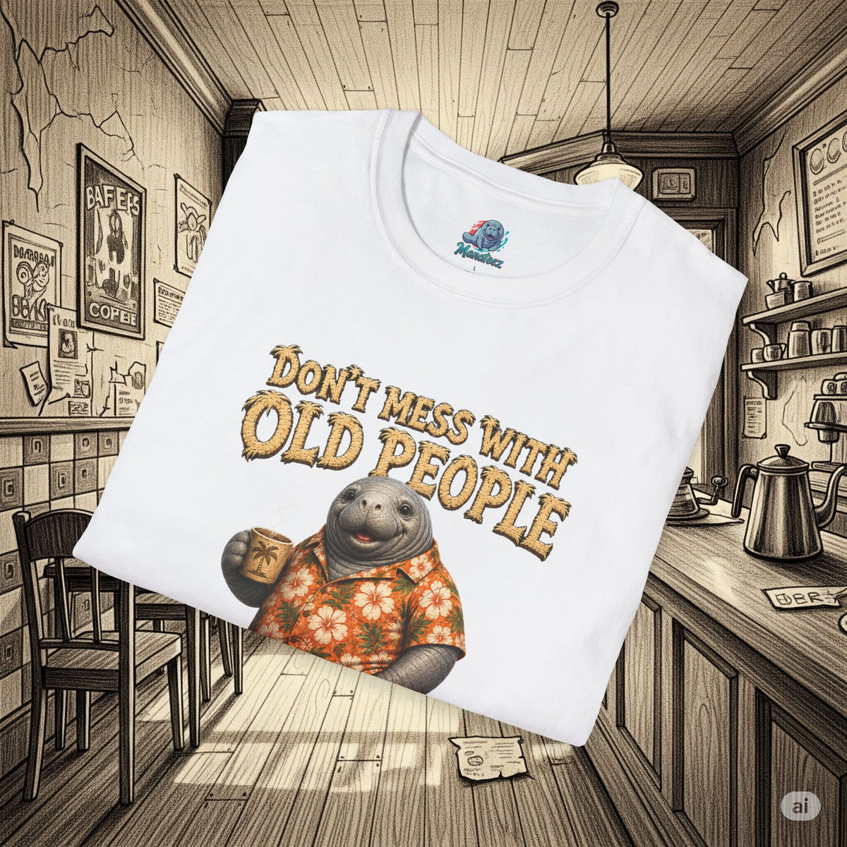 Don't Mess With Old People Shirt | Funny Manatee Humor Tee | We Didn't Get This Age By Being Stupid no background