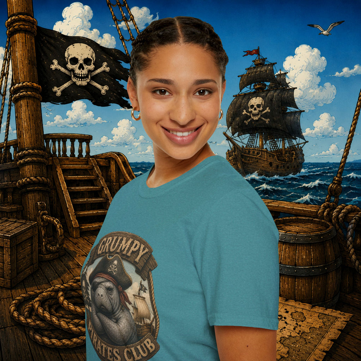 Grumpy Pirates Club Manatee T-Shirt | Funny Pirate Manatee Coastal Humor Tee