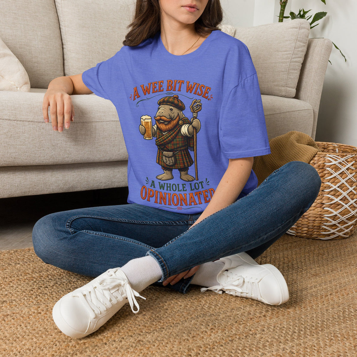 A Wee Bit Wise A Whole Lot Opinionated Shirt | Funny Scottish Manatee Tee | Highland Humor Graphic T-Shirt