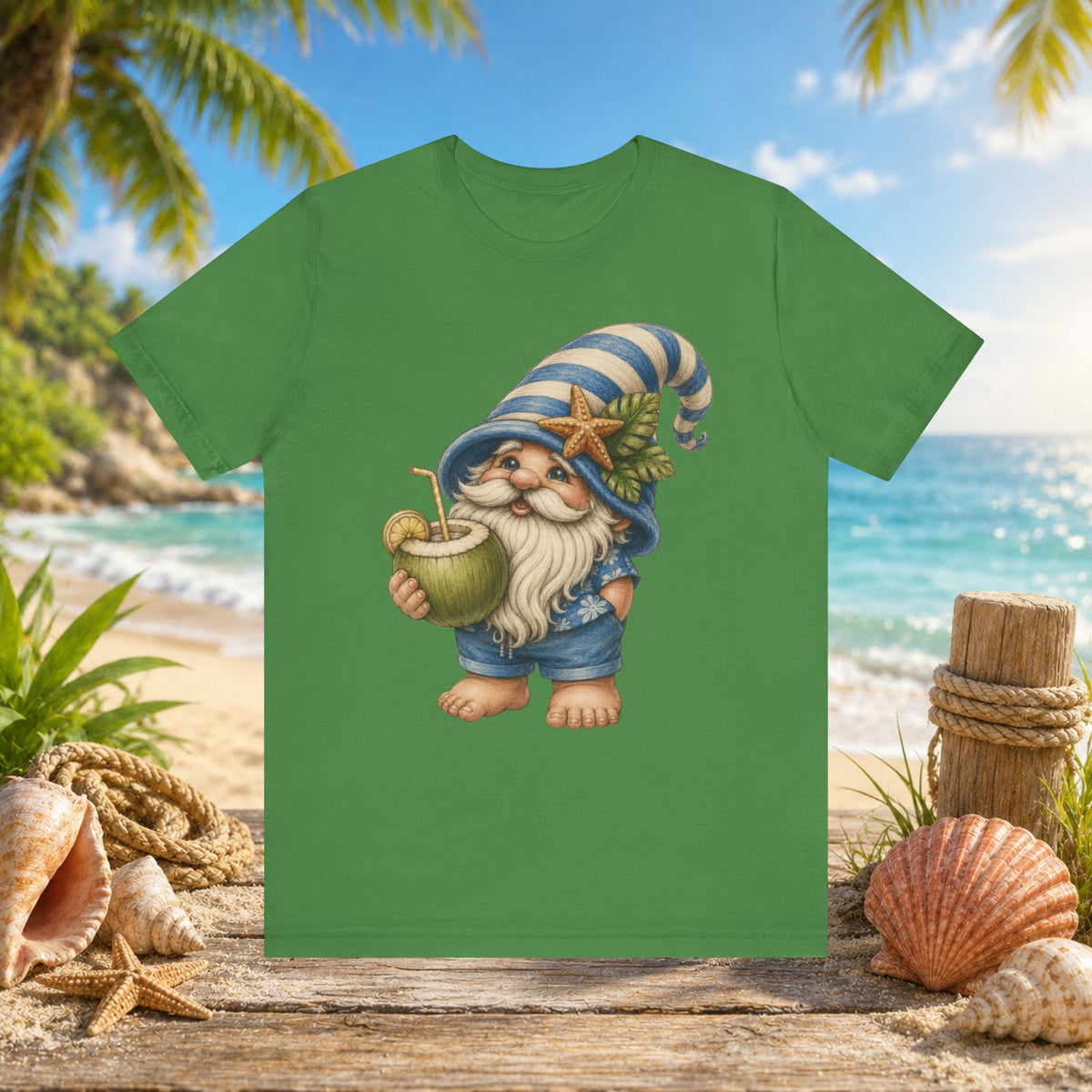 Beach Gnome Drinking Coconut | Coastal Summer Gnome Illustration
