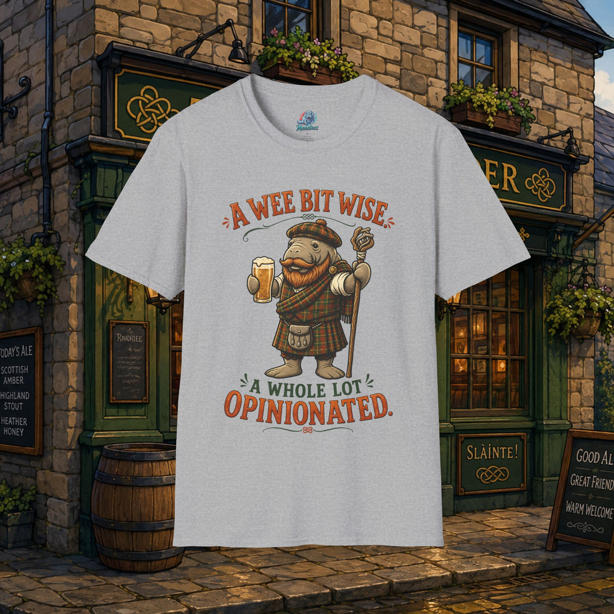 A Wee Bit Wise A Whole Lot Opinionated Shirt | Funny Scottish Manatee Tee | Highland Humor Graphic T-Shirt