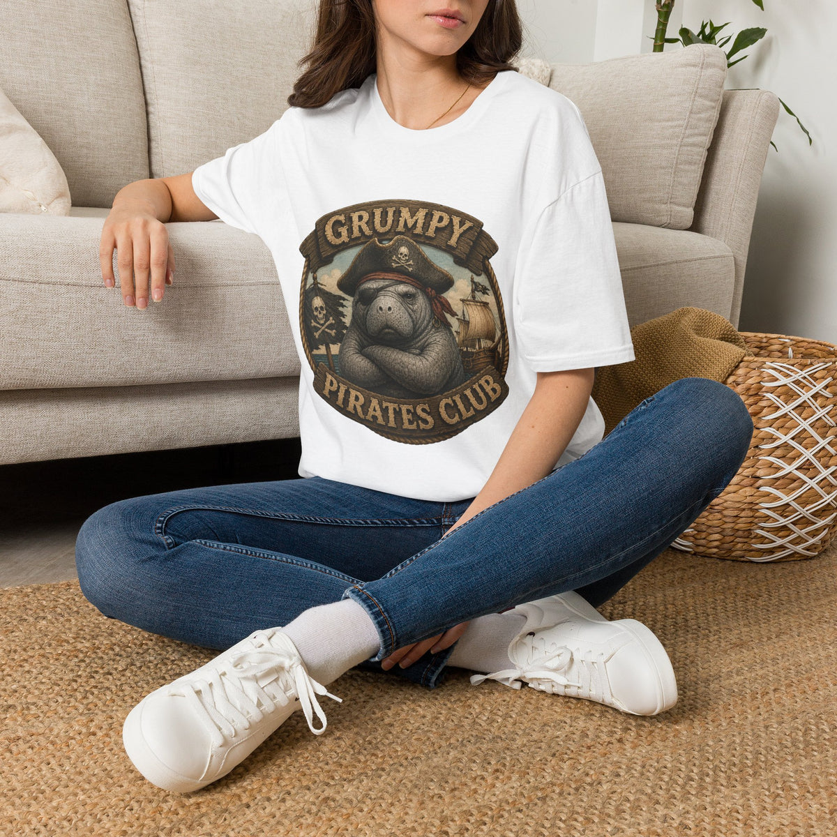 Grumpy Pirates Club Manatee T-Shirt | Funny Pirate Manatee Coastal Humor Tee