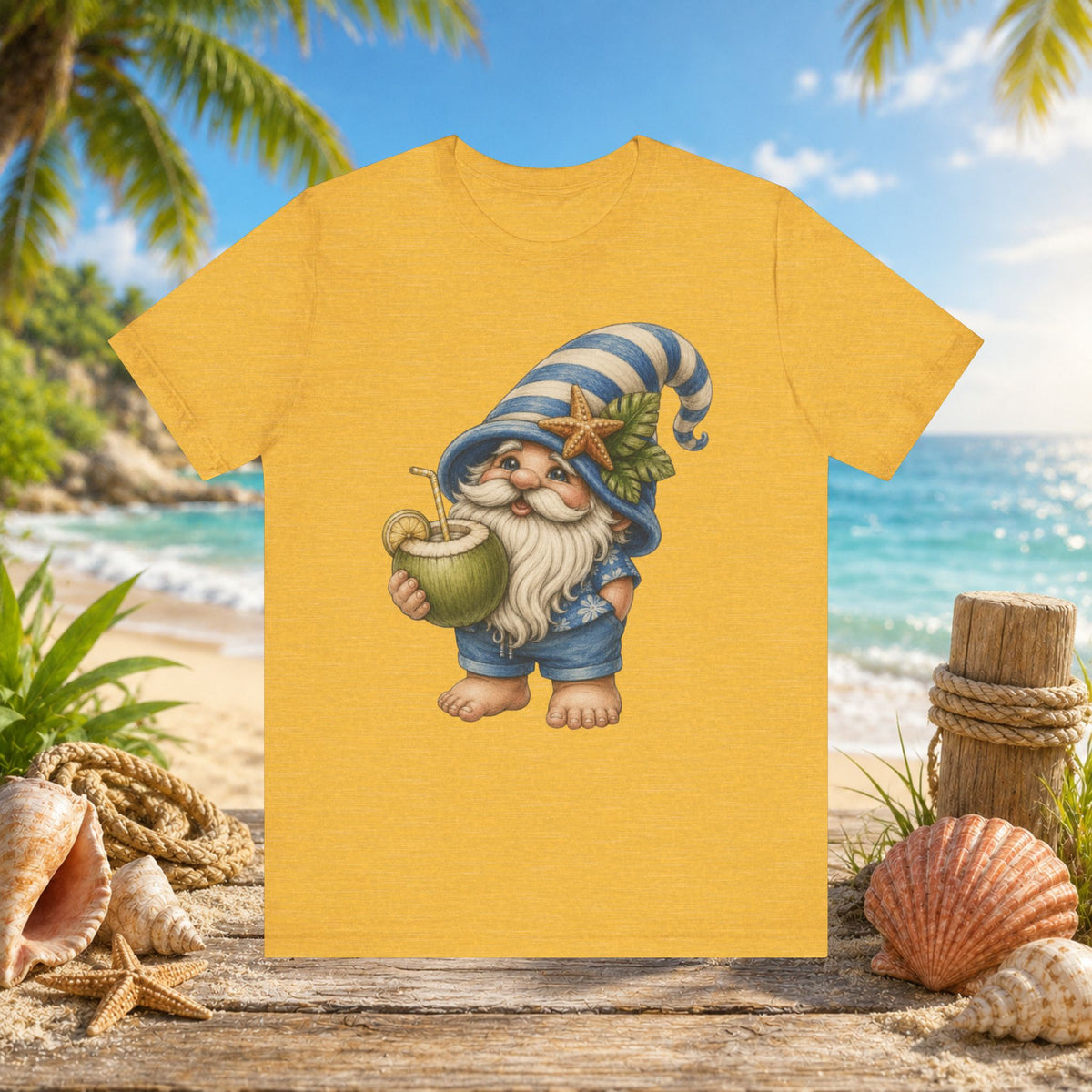 Beach Gnome Drinking Coconut | Coastal Summer Gnome Illustration
