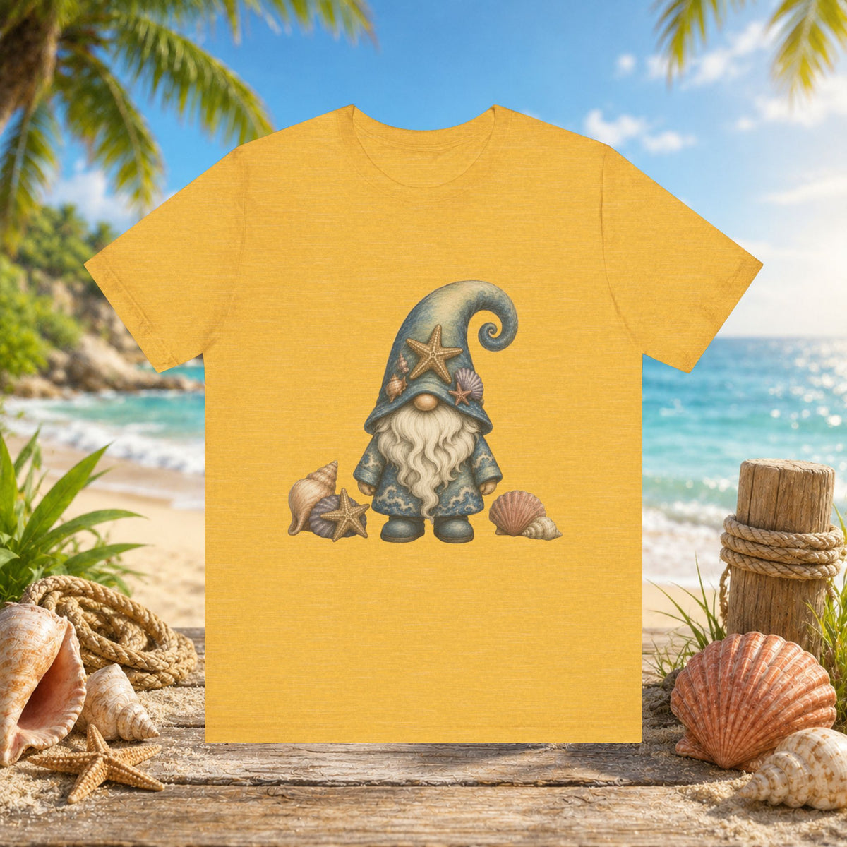 Beach Gnome with Seashells and Starfish | Coastal Nautical Fantasy Art