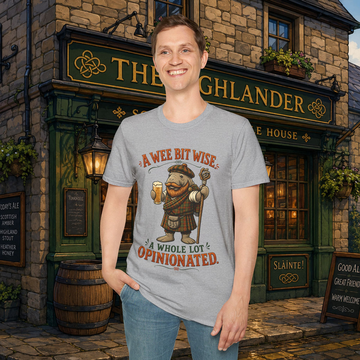 A Wee Bit Wise A Whole Lot Opinionated Shirt | Funny Scottish Manatee Tee | Highland Humor Graphic T-Shirt