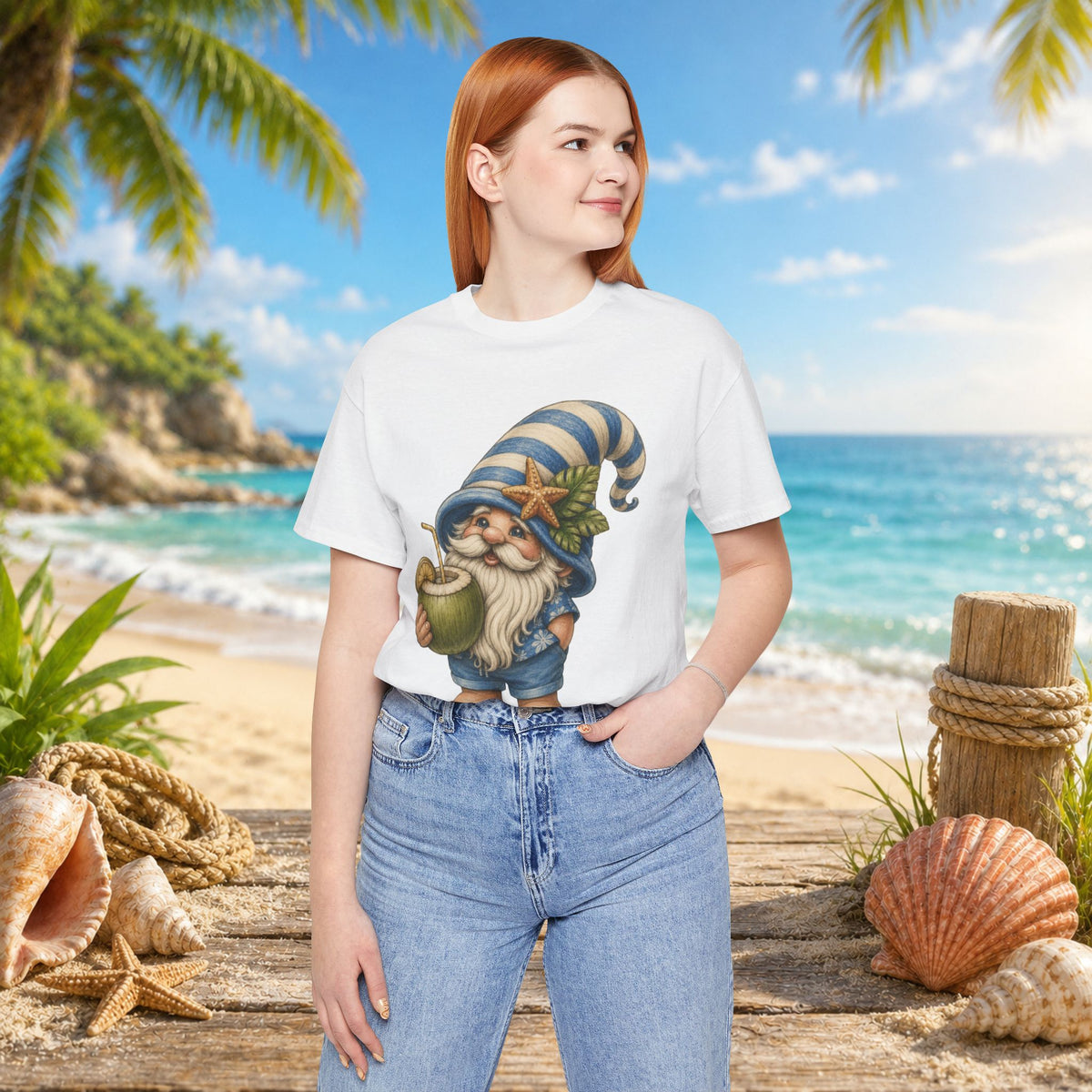 Beach Gnome Drinking Coconut | Coastal Summer Gnome Illustration