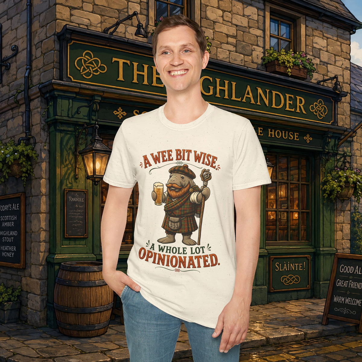 A Wee Bit Wise A Whole Lot Opinionated Shirt | Funny Scottish Manatee Tee | Highland Humor Graphic T-Shirt