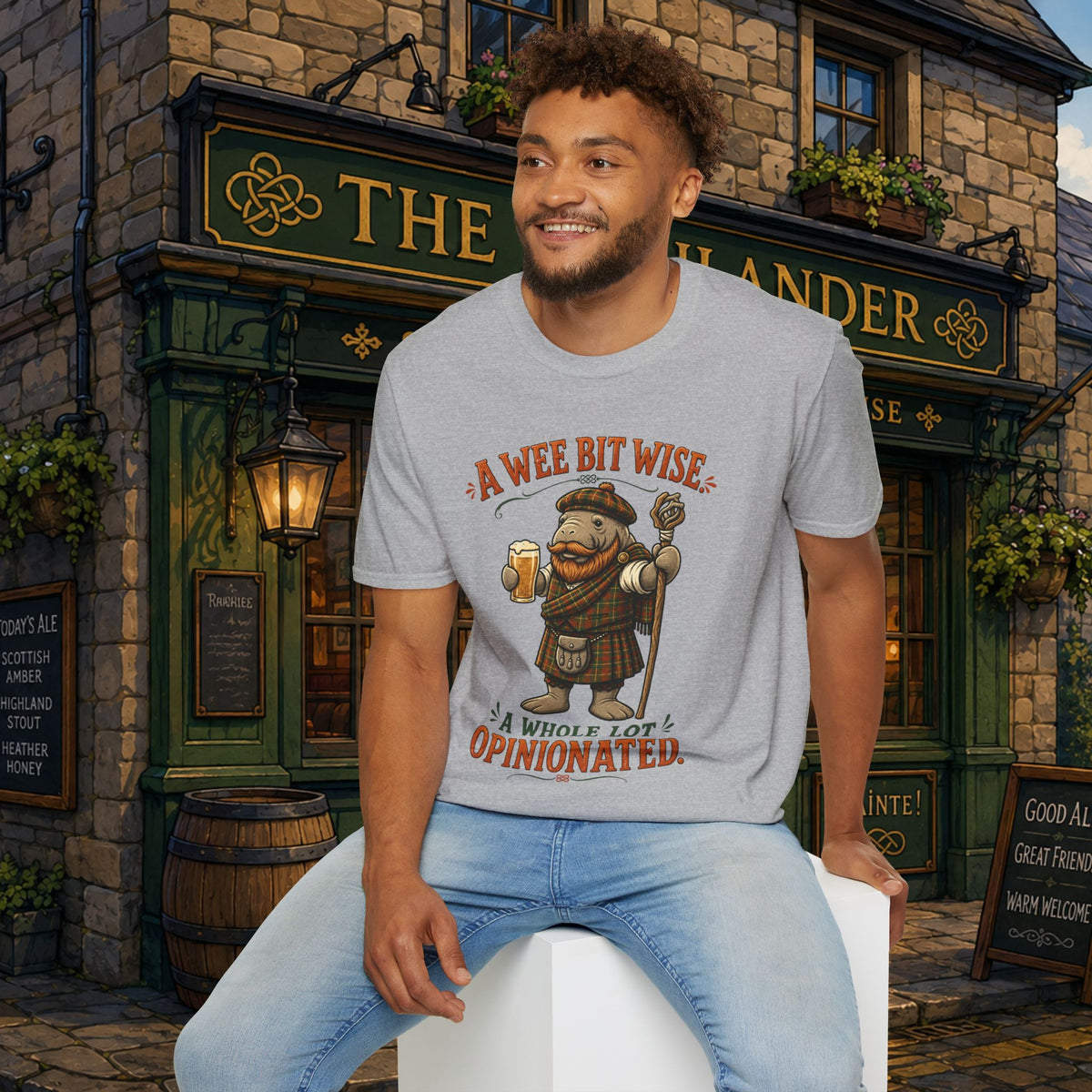 A Wee Bit Wise A Whole Lot Opinionated Shirt | Funny Scottish Manatee Tee | Highland Humor Graphic T-Shirt
