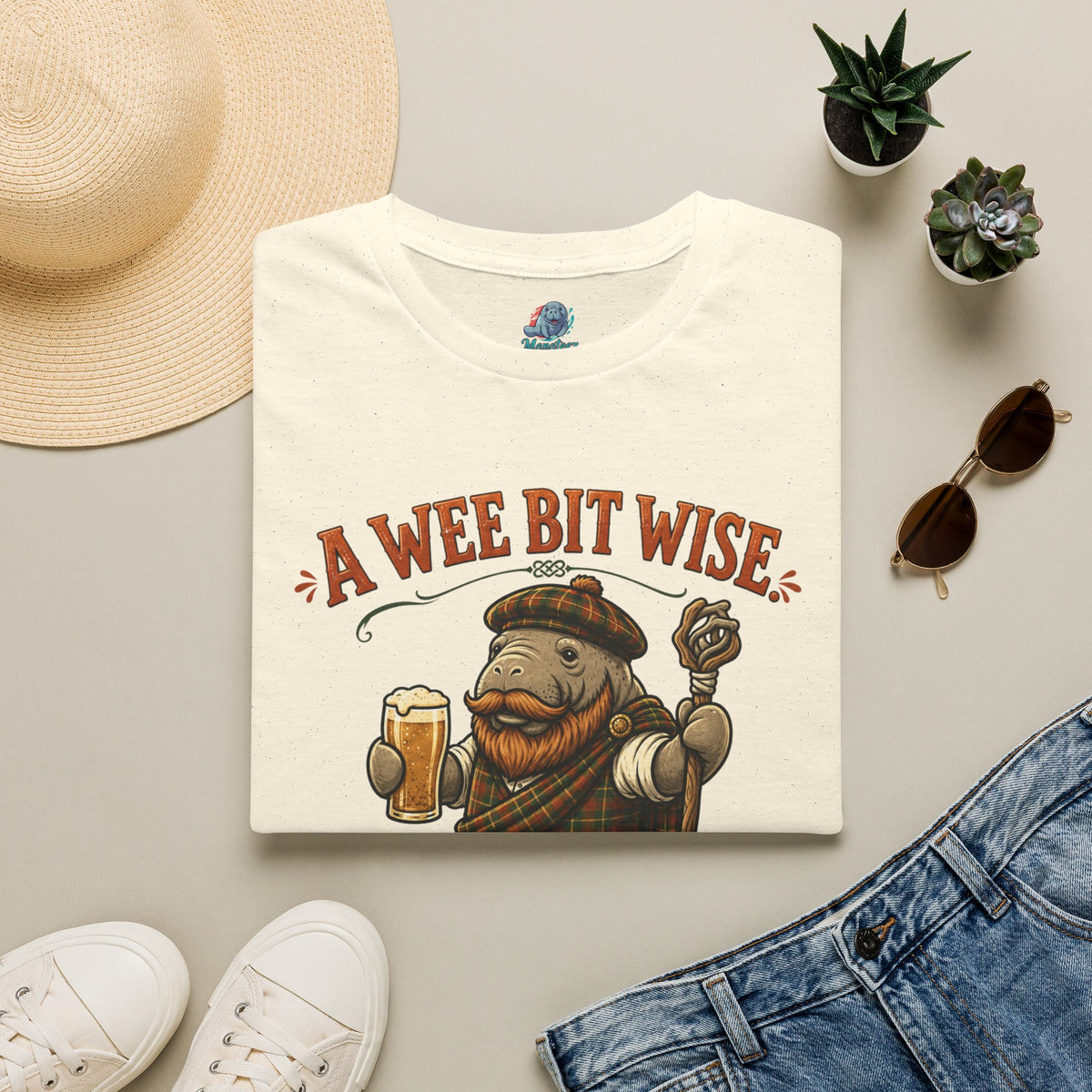 A Wee Bit Wise A Whole Lot Opinionated Shirt | Funny Scottish Manatee Tee | Highland Humor Graphic T-Shirt