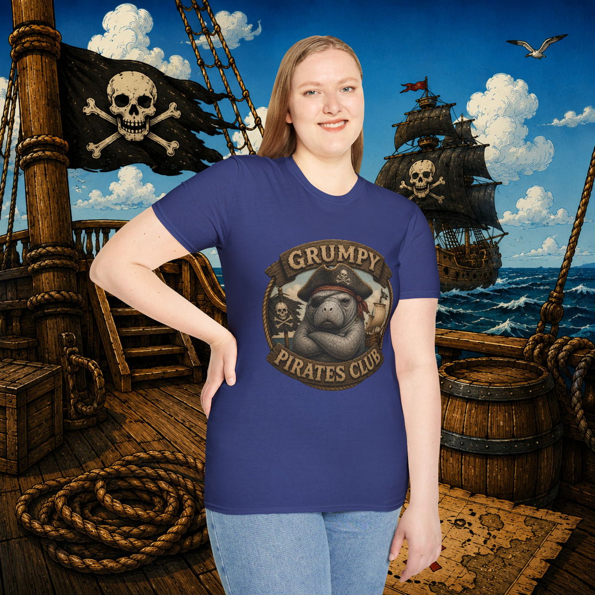 Grumpy Pirates Club Manatee T-Shirt | Funny Pirate Manatee Coastal Humor Tee