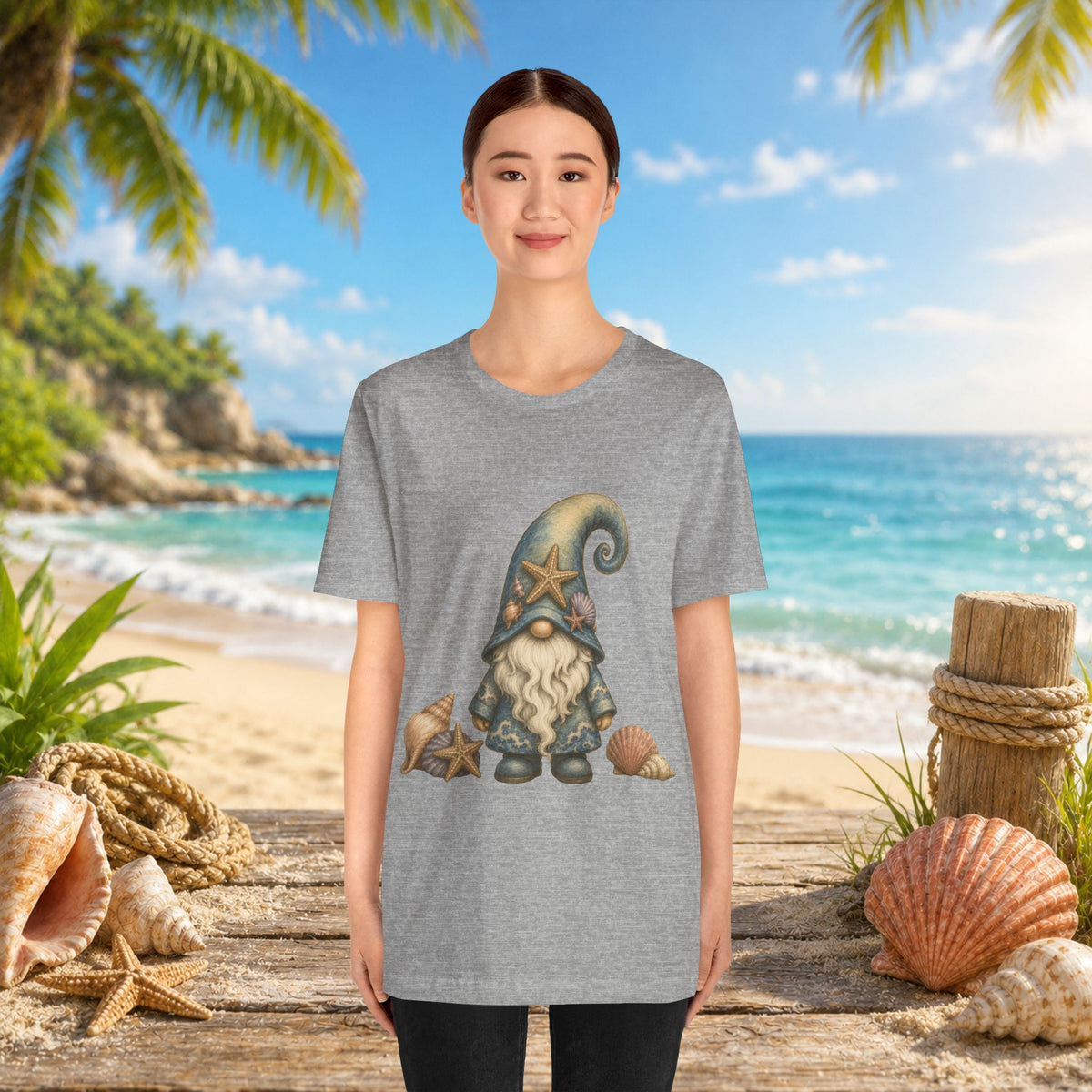Beach Gnome with Seashells and Starfish | Coastal Nautical Fantasy Art