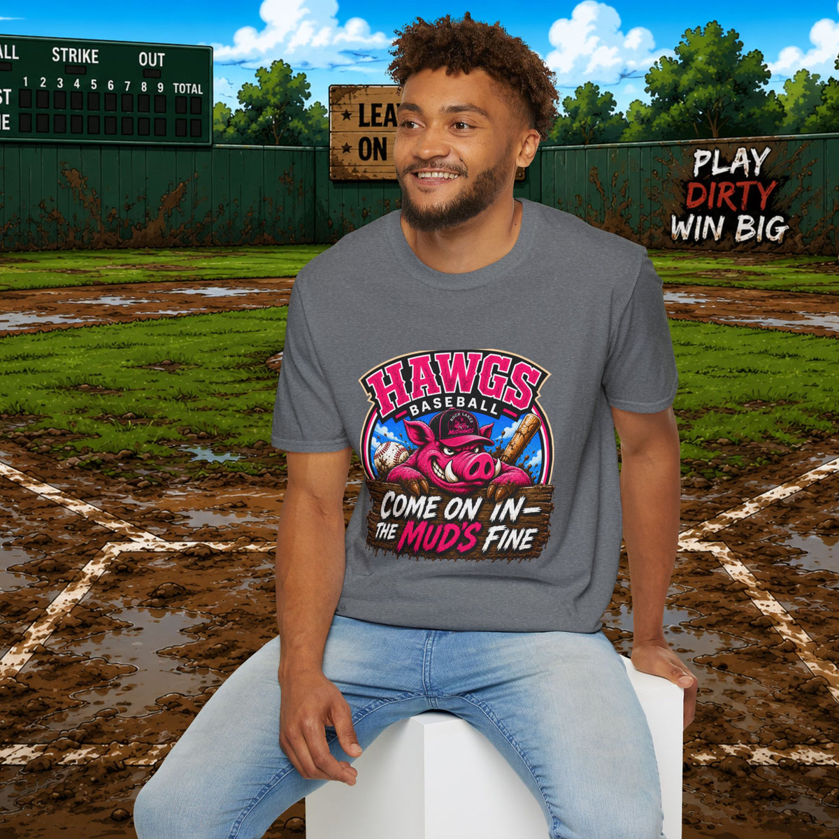 Rock Lakes Mud Hawgs Baseball Shirt | Come On In The Mud's Fine | Funny Pig Baseball Team Tee