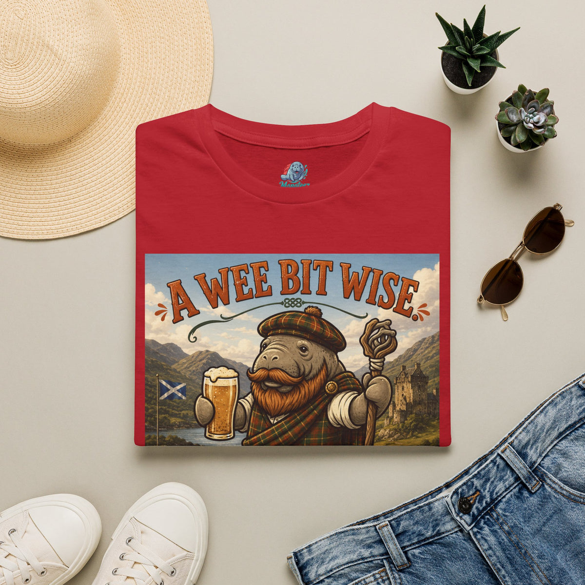 A Wee Bit Wise A Whole Lot Opinionated Shirt | Funny Scottish Manatee Tee | Highland Humor Graphic T-Shirt