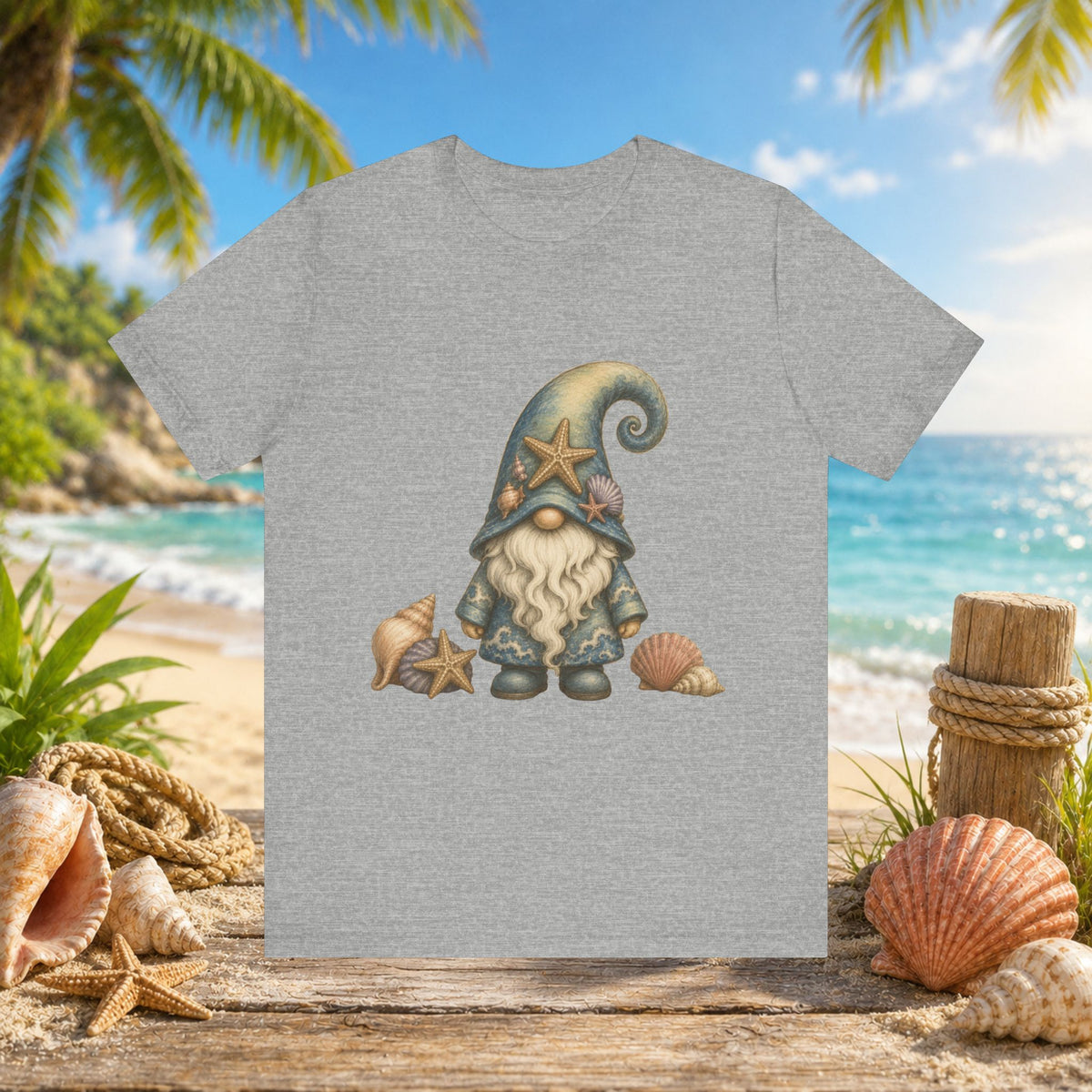 Beach Gnome with Seashells and Starfish | Coastal Nautical Fantasy Art