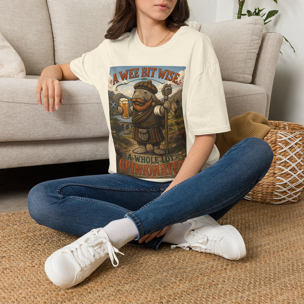 A Wee Bit Wise A Whole Lot Opinionated Shirt | Funny Scottish Manatee Tee | Highland Humor Graphic T-Shirt