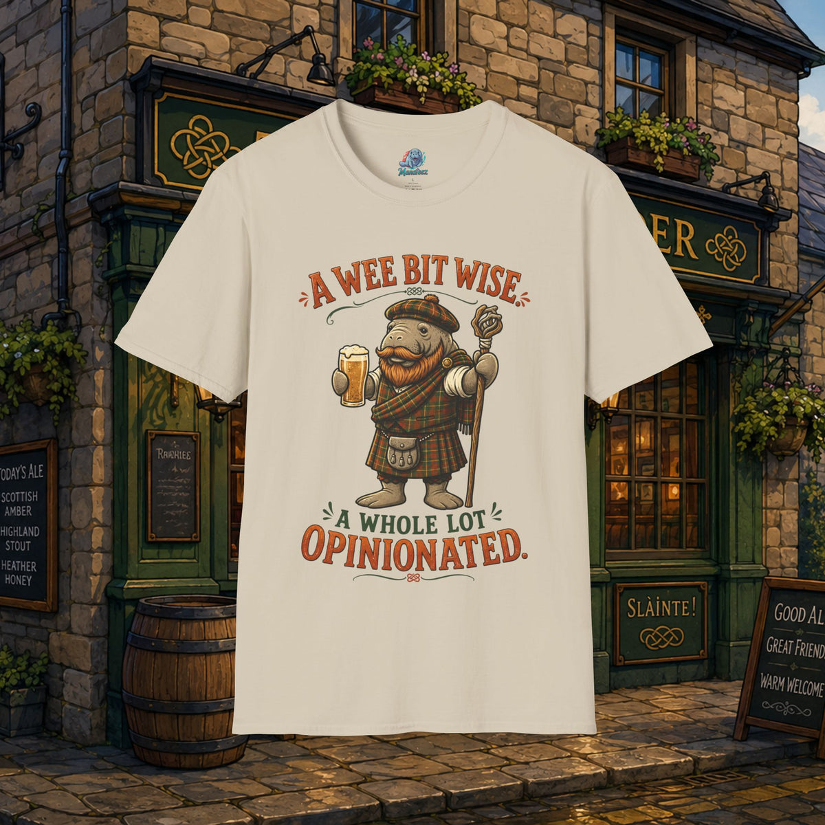 A Wee Bit Wise A Whole Lot Opinionated Shirt | Funny Scottish Manatee Tee | Highland Humor Graphic T-Shirt