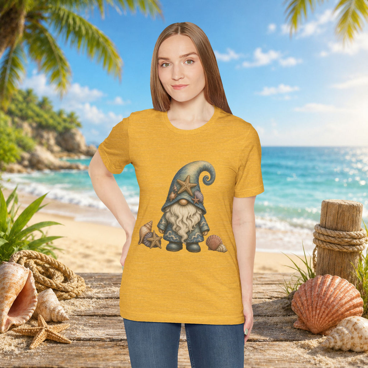 Beach Gnome with Seashells and Starfish | Coastal Nautical Fantasy Art