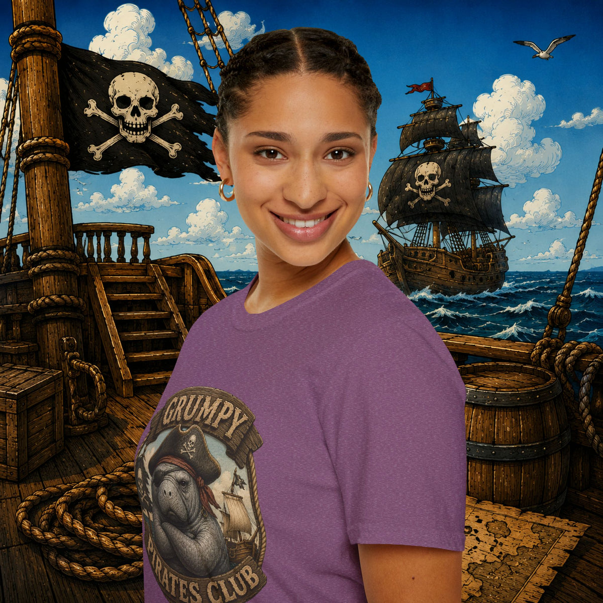 Grumpy Pirates Club Manatee T-Shirt | Funny Pirate Manatee Coastal Humor Tee