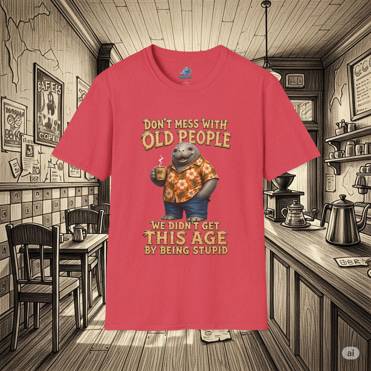 Don't Mess With Old People Shirt | Funny Manatee Humor Tee | We Didn't Get This Age By Being Stupid no background
