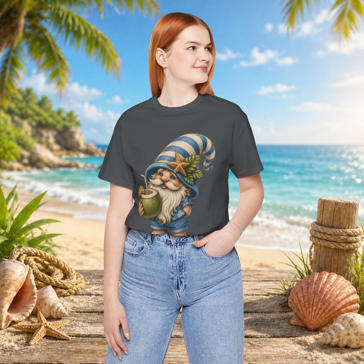 Beach Gnome Drinking Coconut | Coastal Summer Gnome Illustration