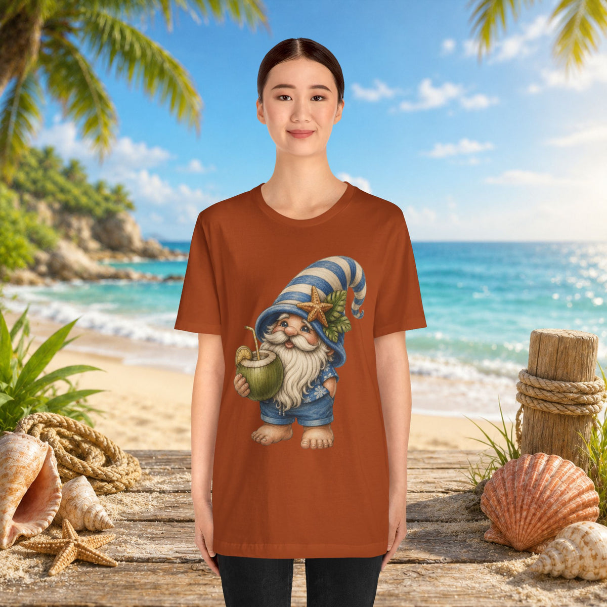 Beach Gnome Drinking Coconut | Coastal Summer Gnome Illustration
