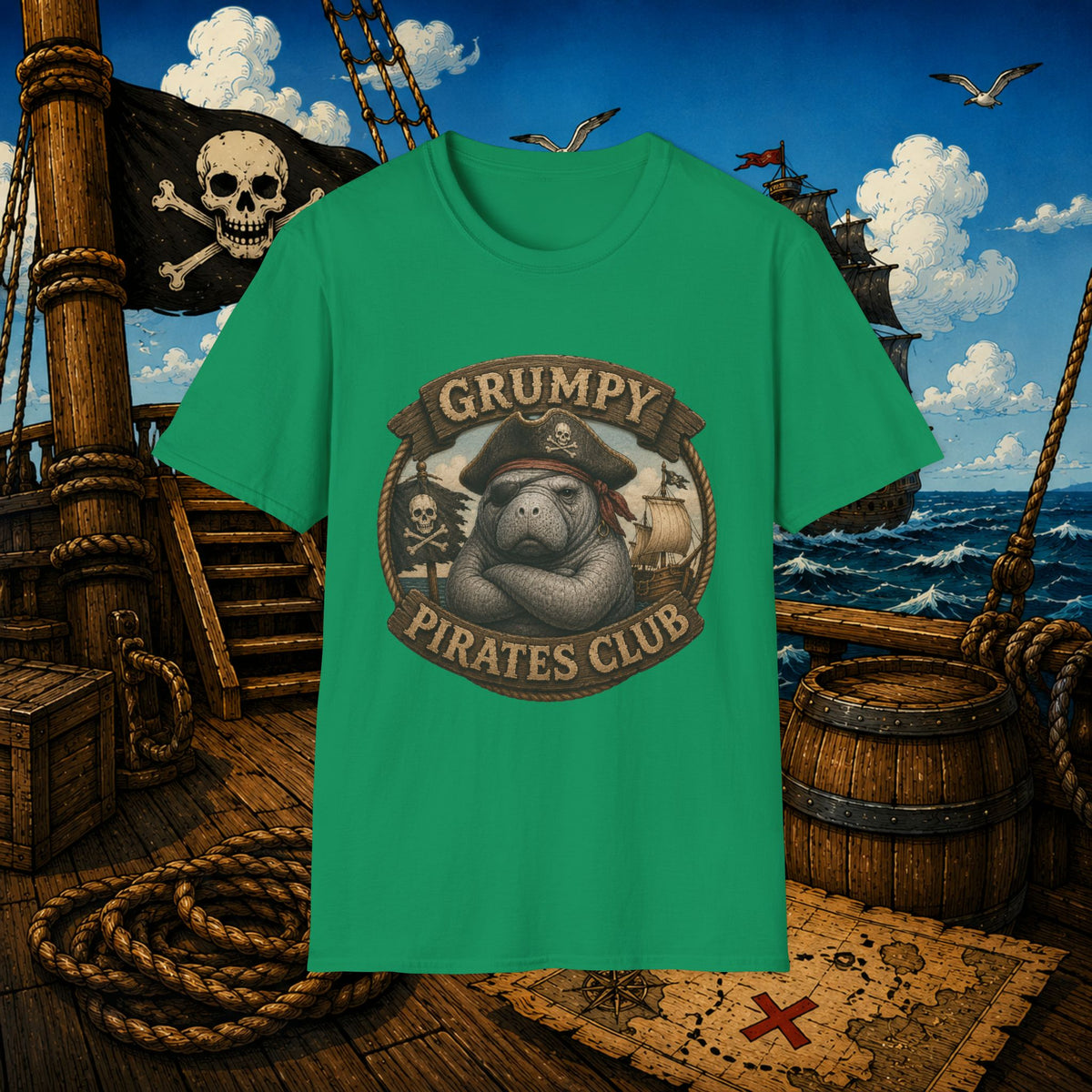 Grumpy Pirates Club Manatee T-Shirt | Funny Pirate Manatee Coastal Humor Tee