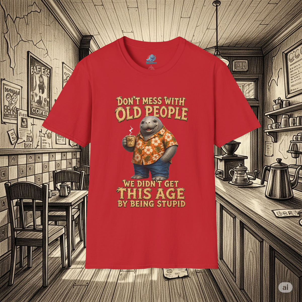 Don't Mess With Old People Shirt | Funny Manatee Humor Tee | We Didn't Get This Age By Being Stupid no background