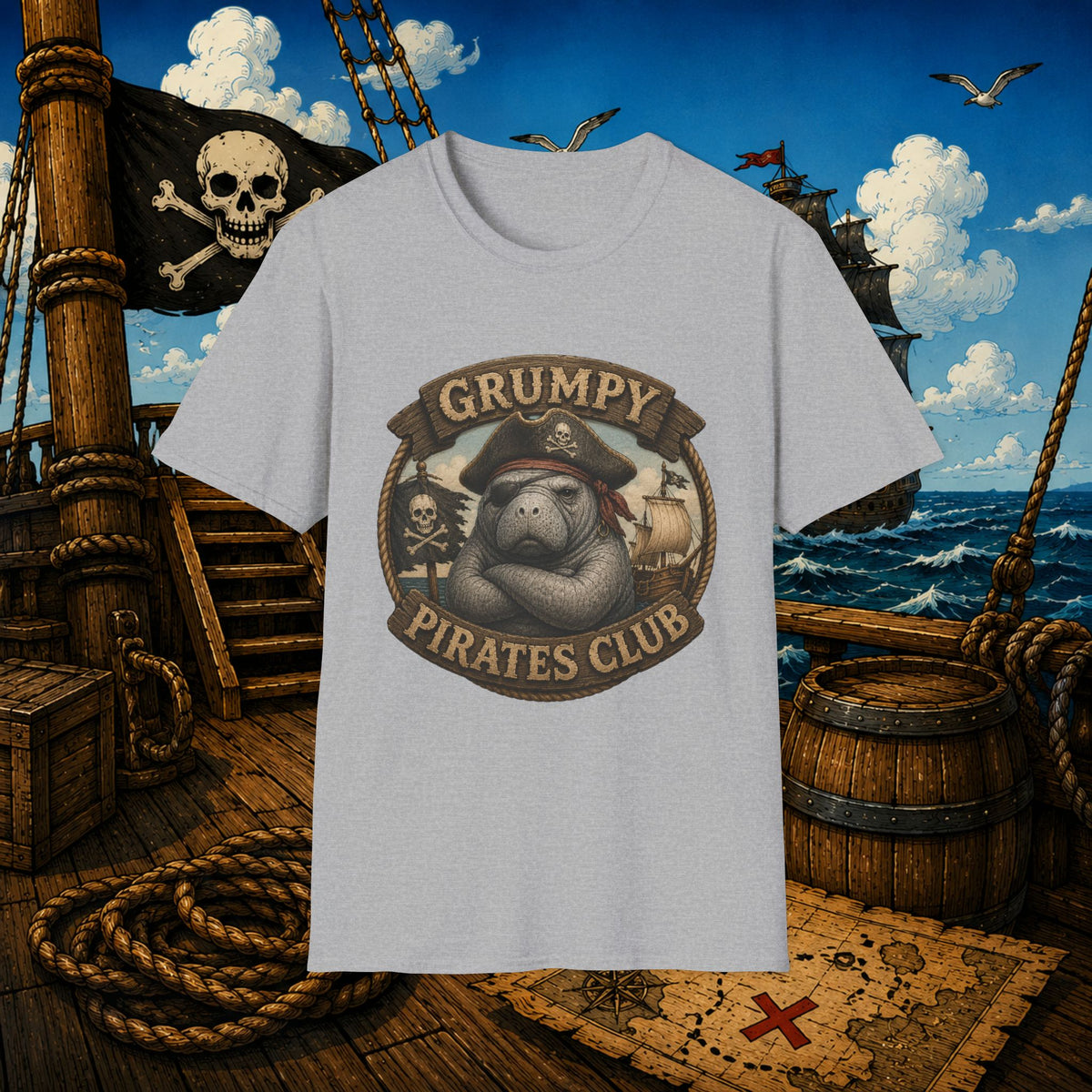 Grumpy Pirates Club Manatee T-Shirt | Funny Pirate Manatee Coastal Humor Tee