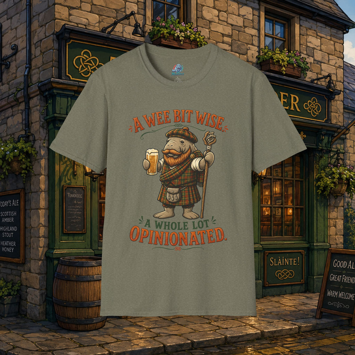 A Wee Bit Wise A Whole Lot Opinionated Shirt | Funny Scottish Manatee Tee | Highland Humor Graphic T-Shirt