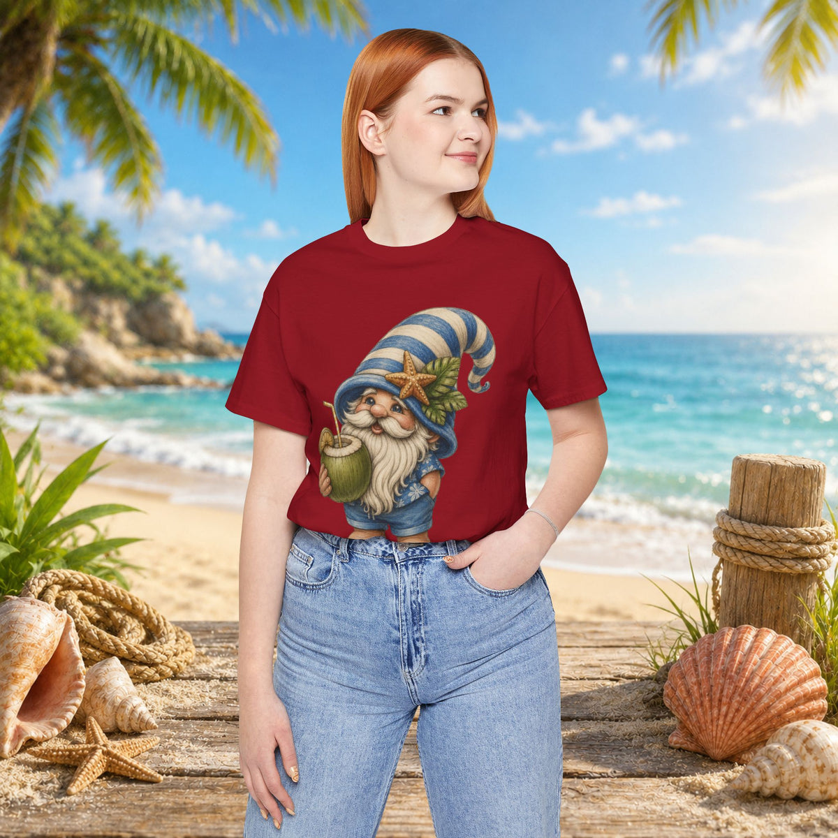 Beach Gnome Drinking Coconut | Coastal Summer Gnome Illustration