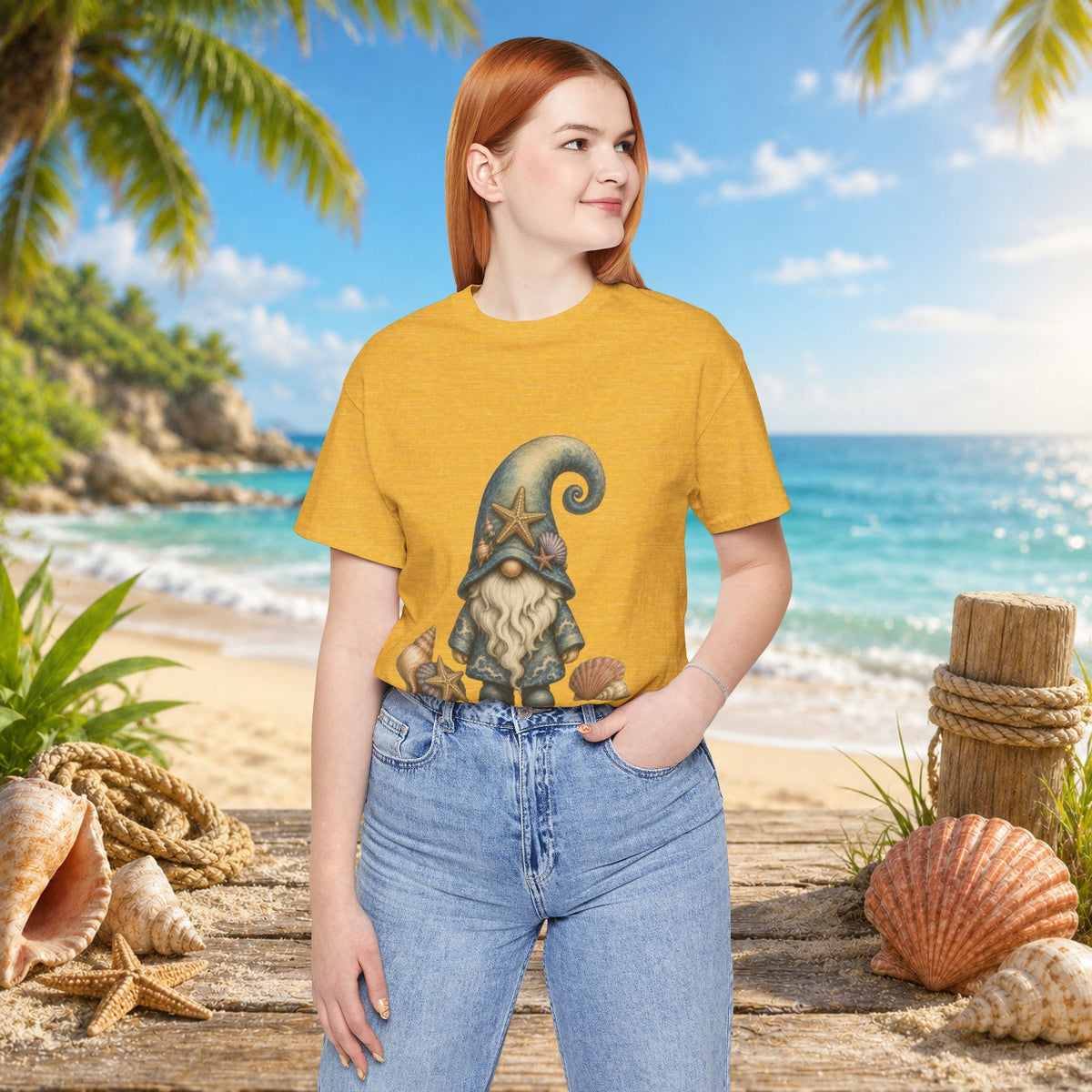 Beach Gnome with Seashells and Starfish | Coastal Nautical Fantasy Art