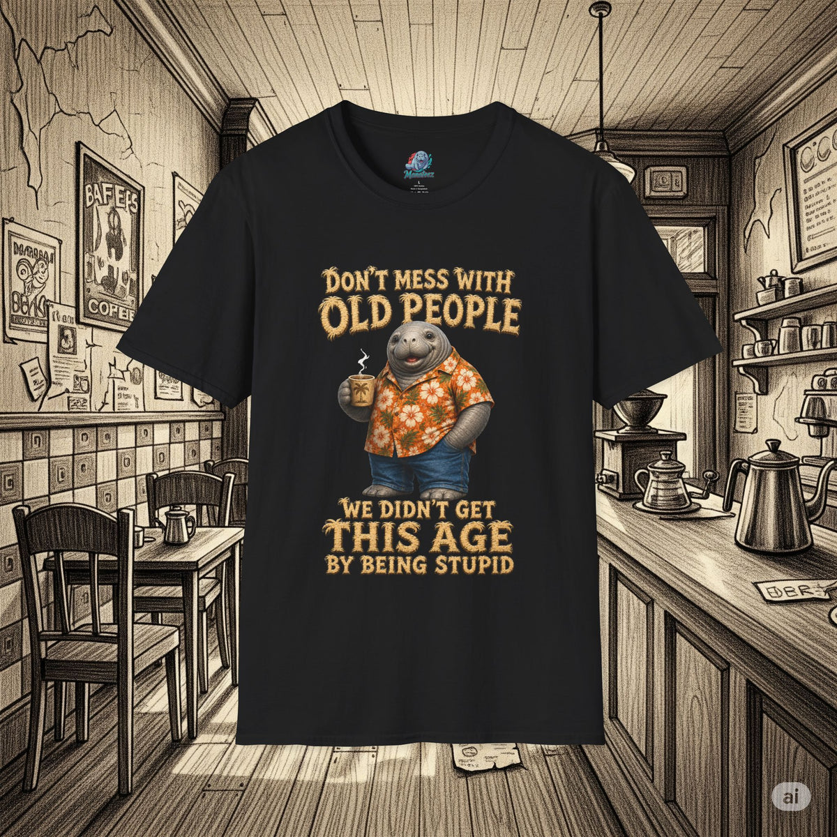 Don't Mess With Old People Shirt | Funny Manatee Humor Tee | We Didn't Get This Age By Being Stupid no background