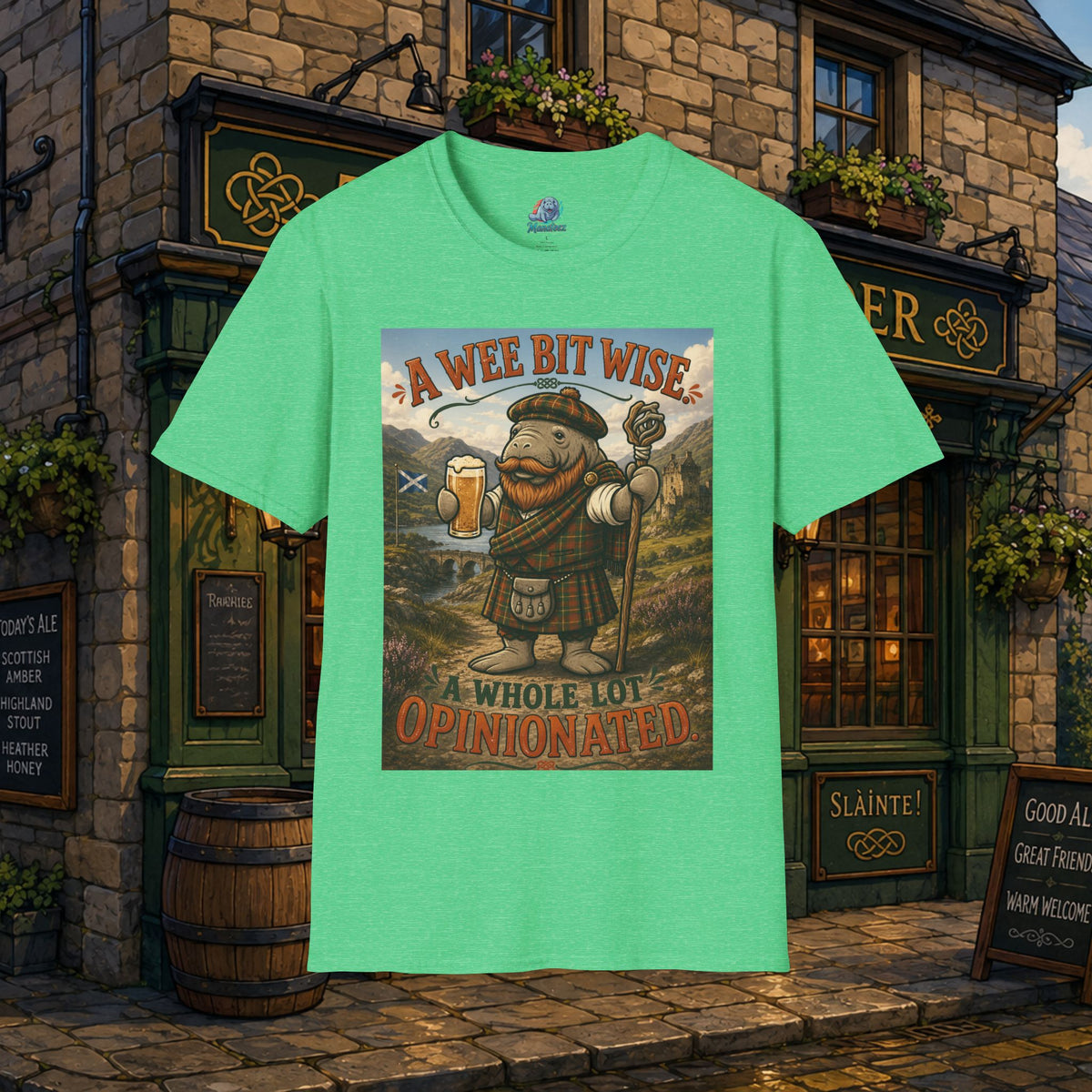 A Wee Bit Wise A Whole Lot Opinionated Shirt | Funny Scottish Manatee Tee | Highland Humor Graphic T-Shirt
