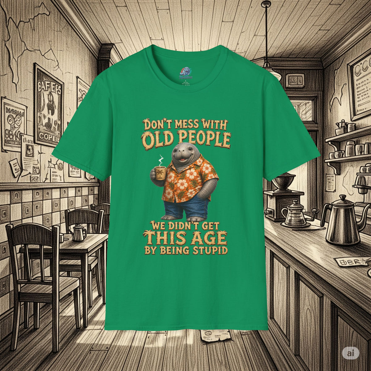 Don't Mess With Old People Shirt | Funny Manatee Humor Tee | We Didn't Get This Age By Being Stupid no background