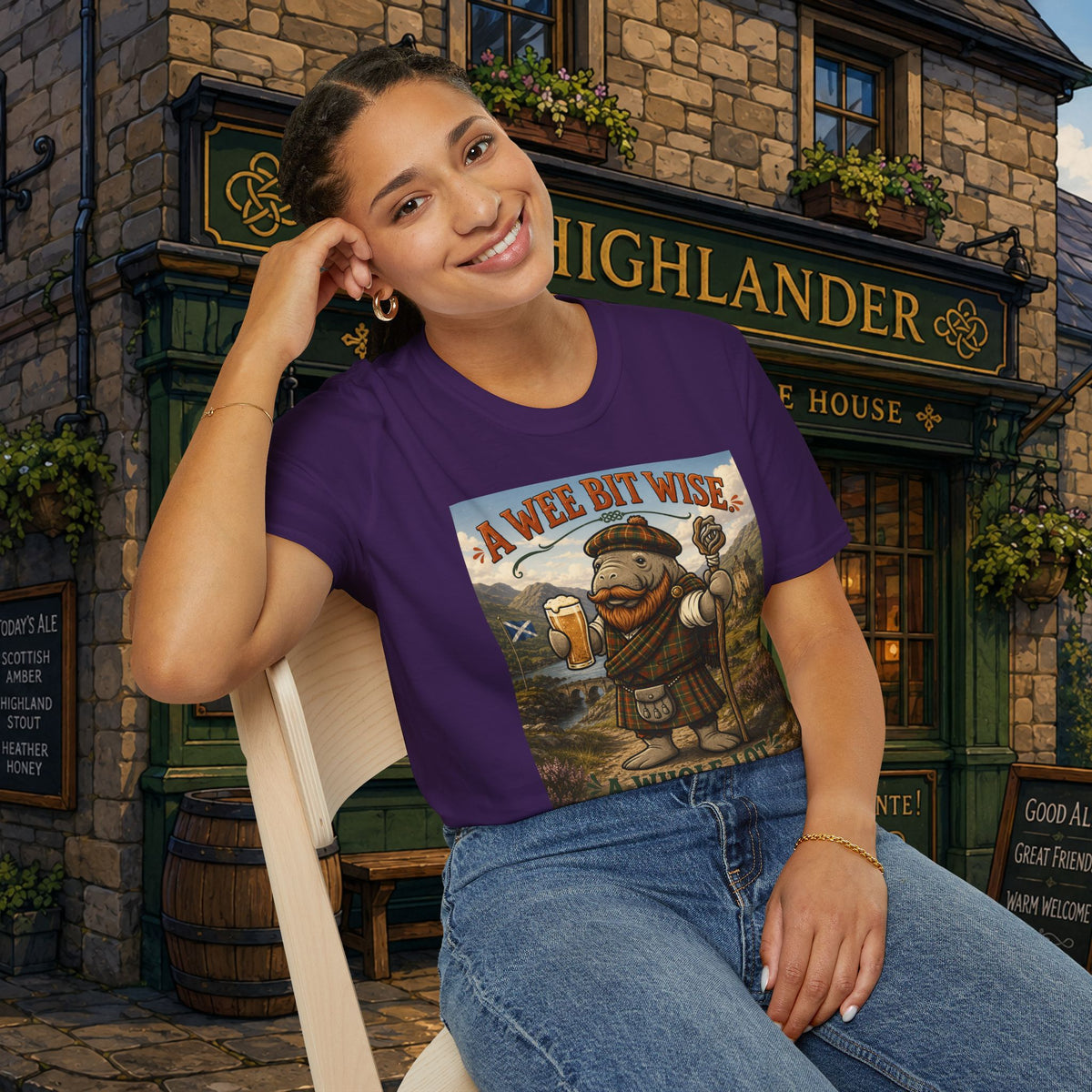 A Wee Bit Wise A Whole Lot Opinionated Shirt | Funny Scottish Manatee Tee | Highland Humor Graphic T-Shirt