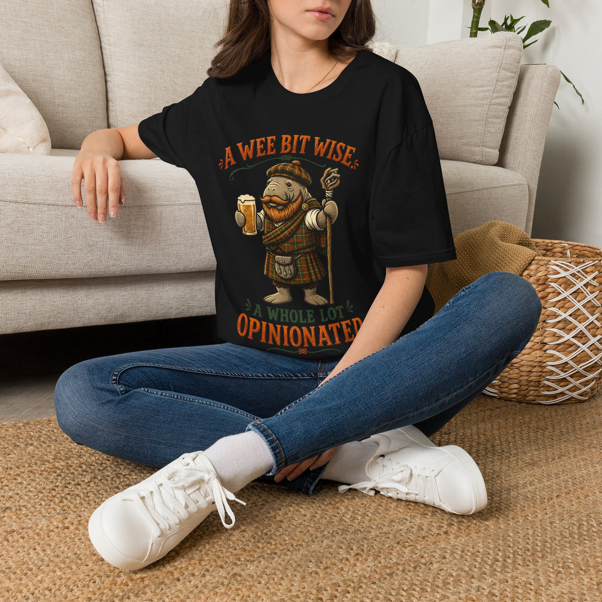 A Wee Bit Wise A Whole Lot Opinionated Shirt | Funny Scottish Manatee Tee | Highland Humor Graphic T-Shirt