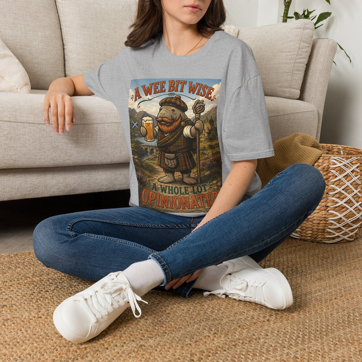 A Wee Bit Wise A Whole Lot Opinionated Shirt | Funny Scottish Manatee Tee | Highland Humor Graphic T-Shirt