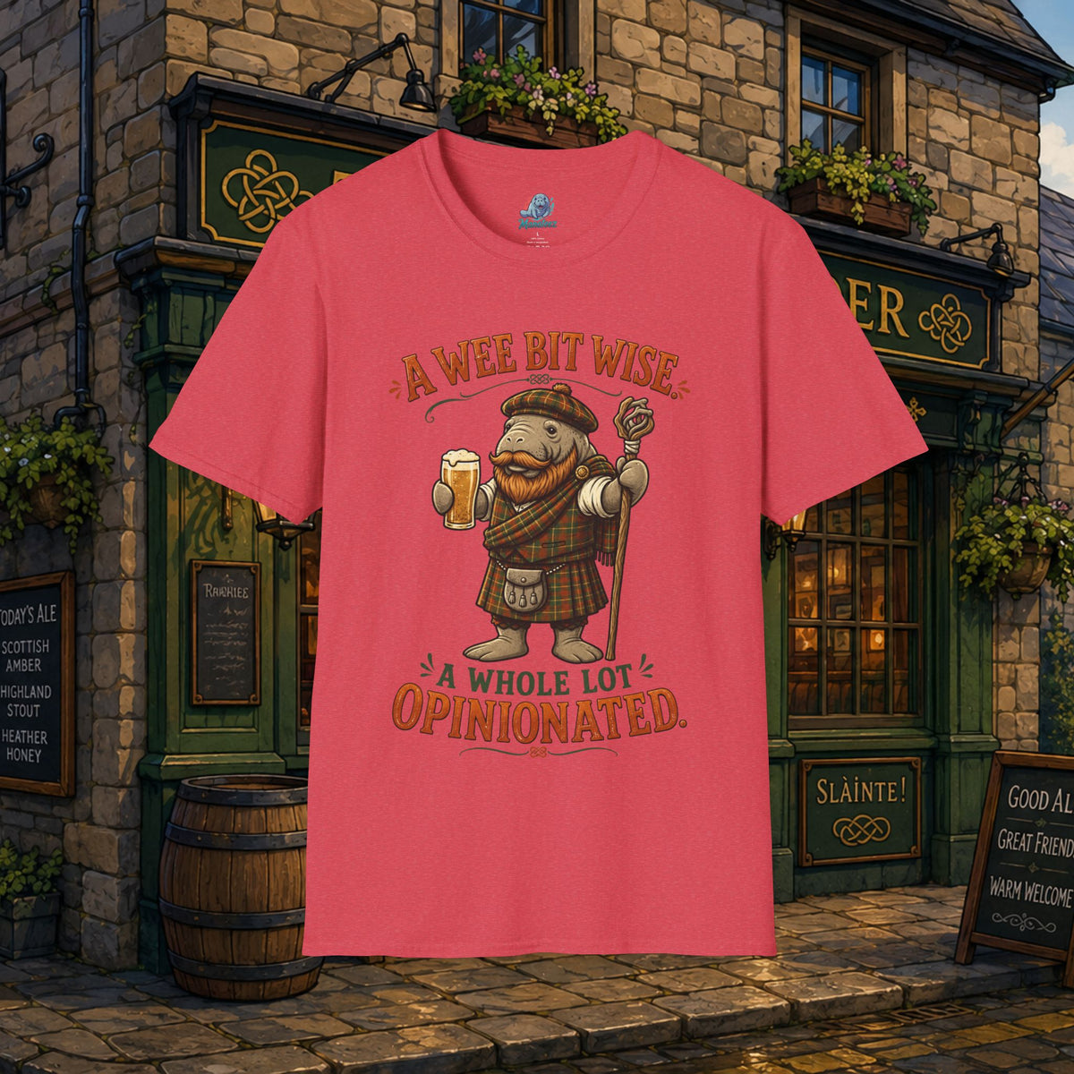 A Wee Bit Wise A Whole Lot Opinionated Shirt | Funny Scottish Manatee Tee | Highland Humor Graphic T-Shirt