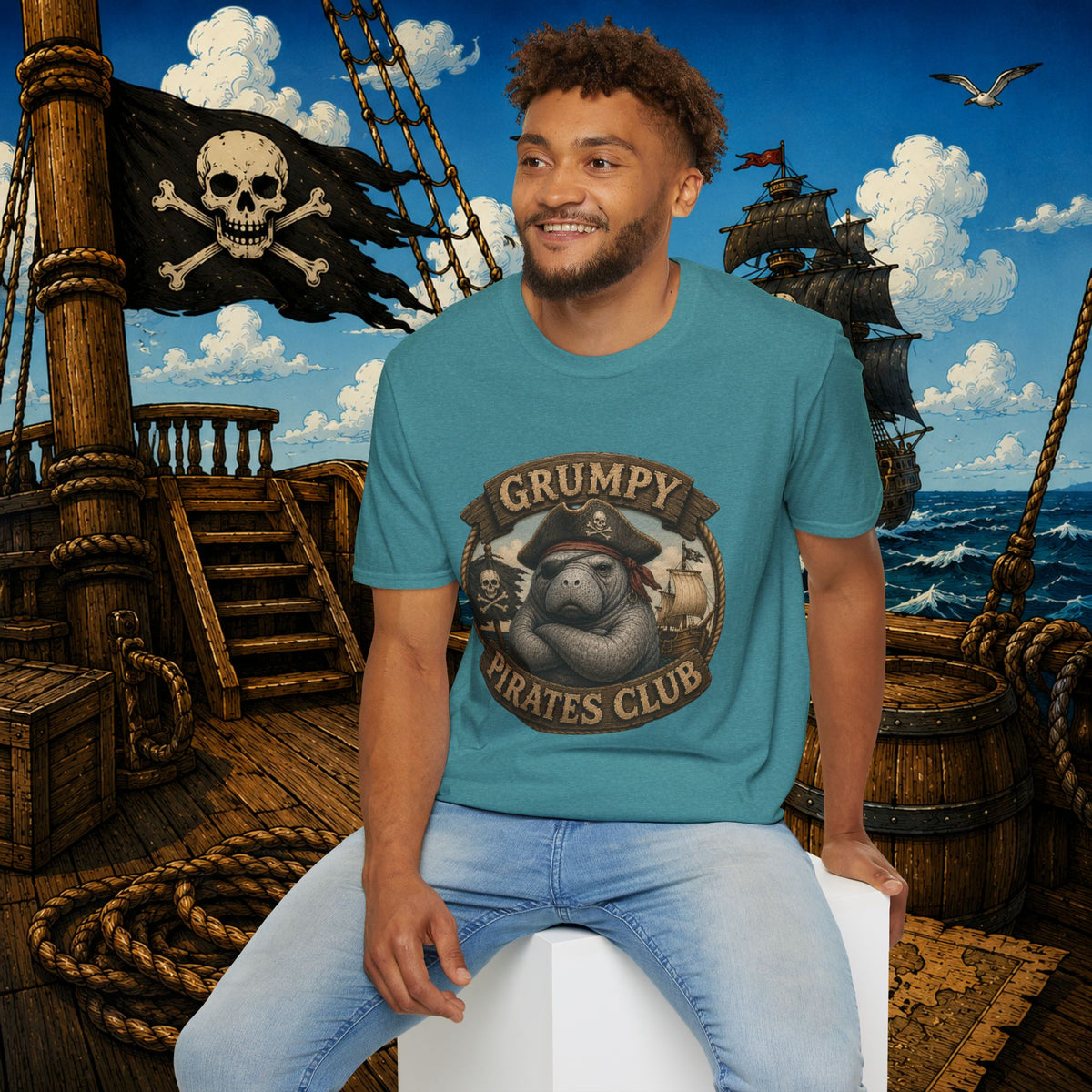 Grumpy Pirates Club Manatee T-Shirt | Funny Pirate Manatee Coastal Humor Tee