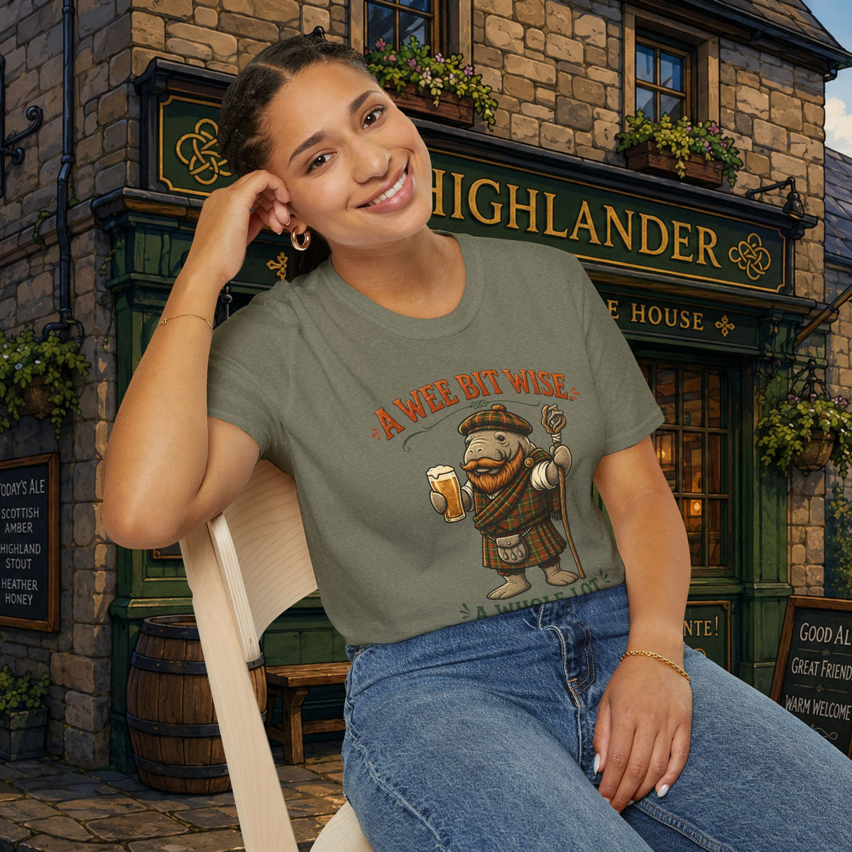 A Wee Bit Wise A Whole Lot Opinionated Shirt | Funny Scottish Manatee Tee | Highland Humor Graphic T-Shirt