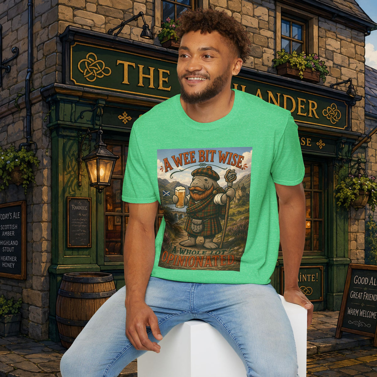 A Wee Bit Wise A Whole Lot Opinionated Shirt | Funny Scottish Manatee Tee | Highland Humor Graphic T-Shirt
