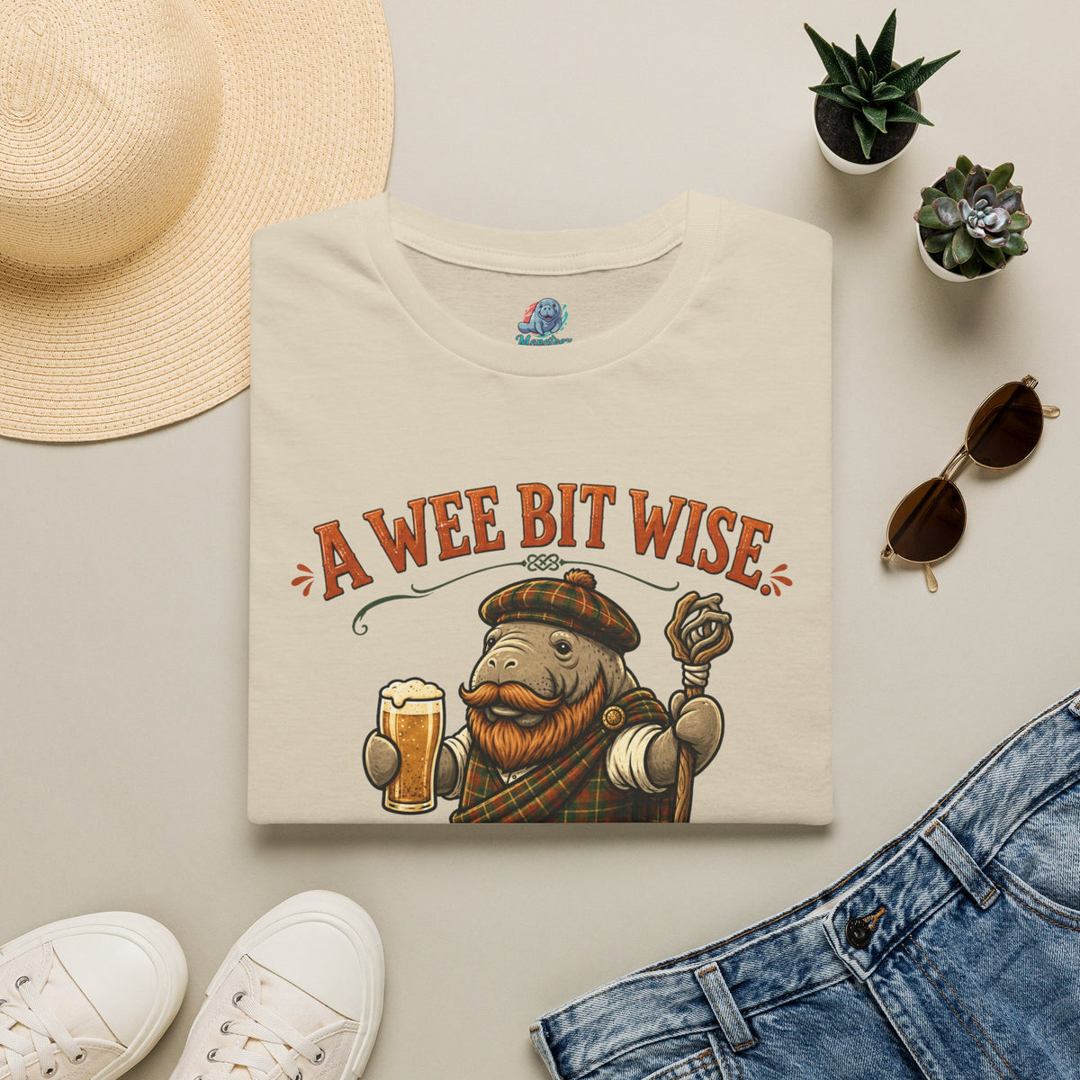 A Wee Bit Wise A Whole Lot Opinionated Shirt | Funny Scottish Manatee Tee | Highland Humor Graphic T-Shirt