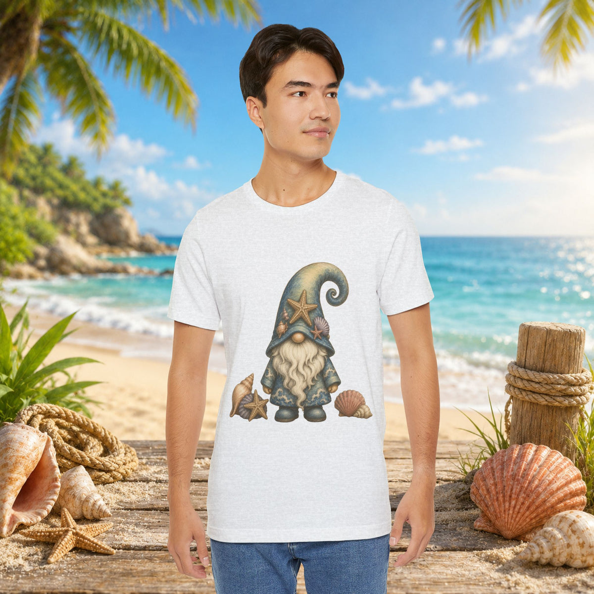 Beach Gnome with Seashells and Starfish | Coastal Nautical Fantasy Art