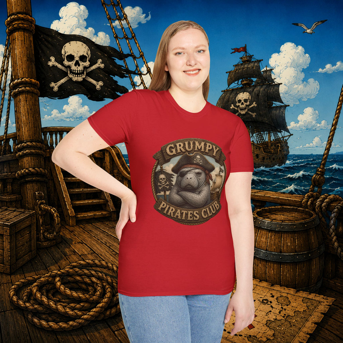 Grumpy Pirates Club Manatee T-Shirt | Funny Pirate Manatee Coastal Humor Tee
