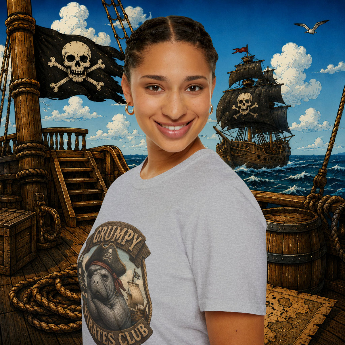 Grumpy Pirates Club Manatee T-Shirt | Funny Pirate Manatee Coastal Humor Tee