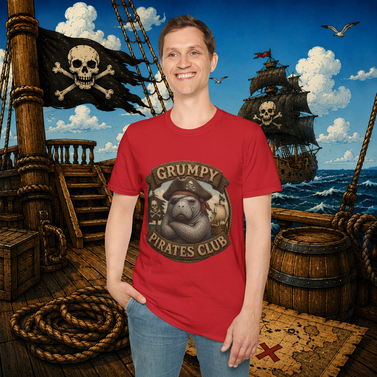 Grumpy Pirates Club Manatee T-Shirt | Funny Pirate Manatee Coastal Humor Tee