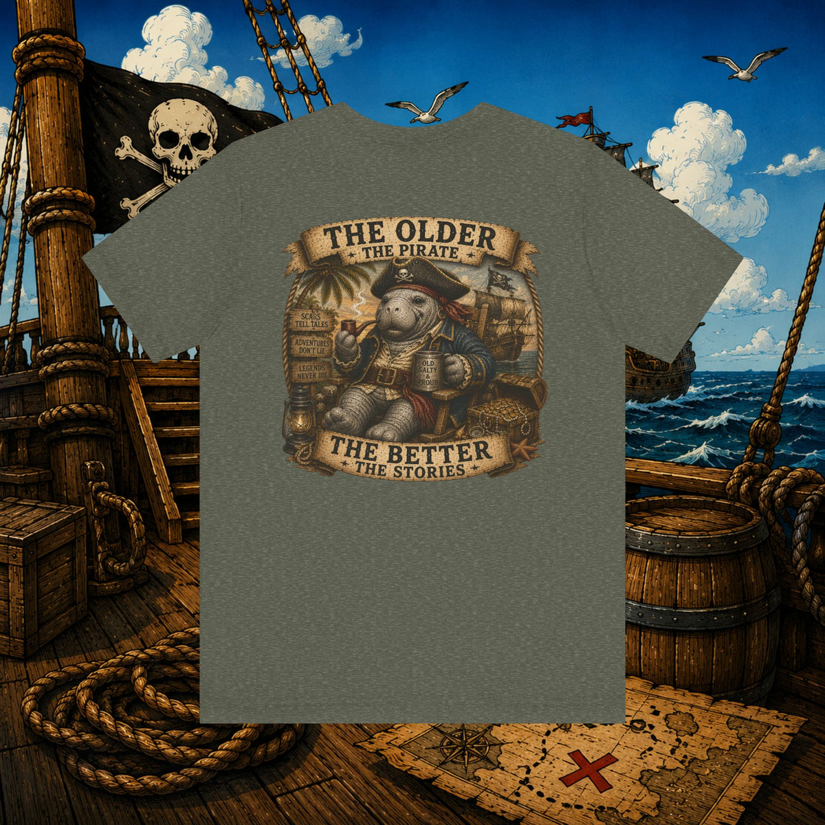 The Older the Pirate, The Better the Stories | Grumpy Pirate Club Manatee T-Shirt