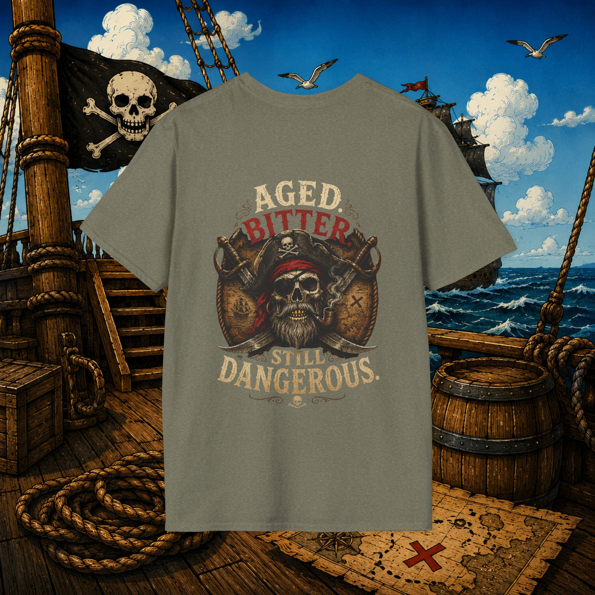 Aged Bitter Still Dangerous Pirate Skull Shirt β Funny Old Pirate Graphic Tee