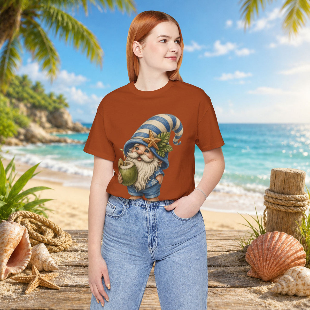 Beach Gnome Drinking Coconut | Coastal Summer Gnome Illustration